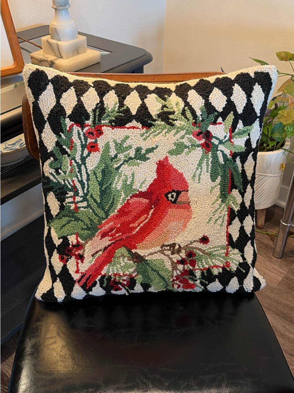Needlepoint Carpet Throw Accent Pillow Cardinal Bird Checkered